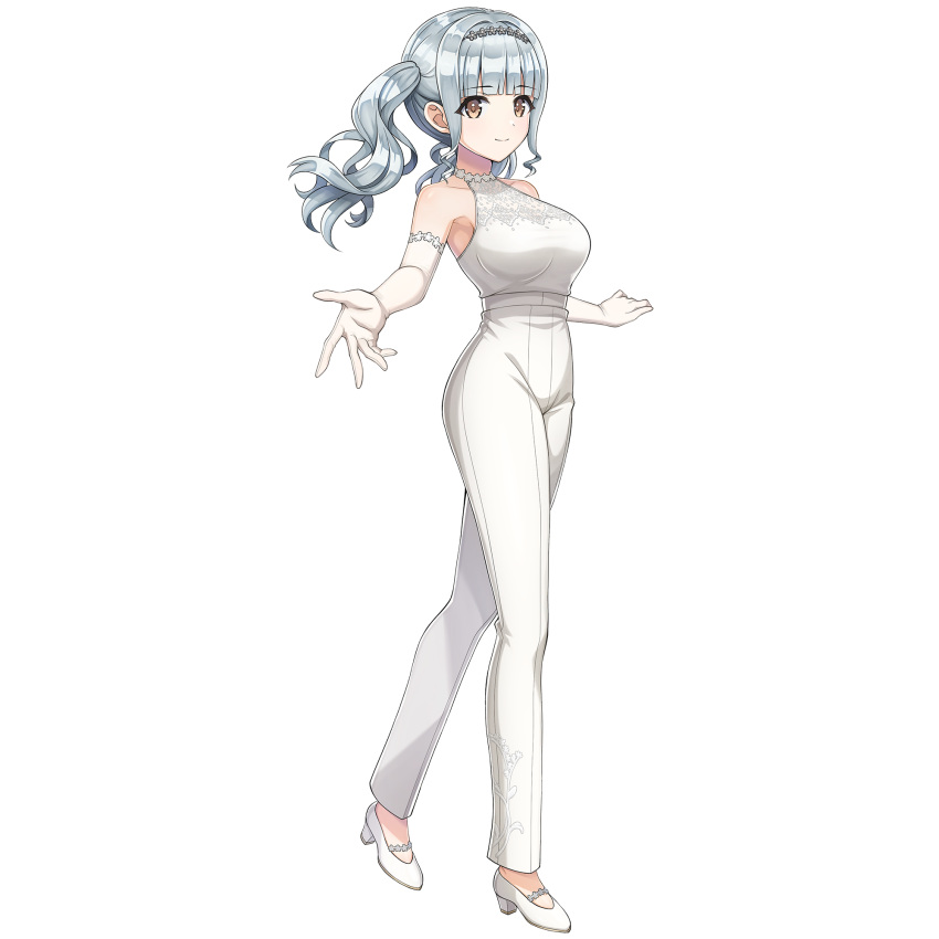 1girl, blunt_bangs, breasts, brown_eyes, dolphin_wave, elbow_gloves, gloves, grey_hair, hair_intakes, hairband, high-waist_pants, high_heels, highres, large_breasts, long_hair, looking_at_viewer, nagato_mei, non-web_source, official_alternate_costume, official_art, ootomo_takuji, panties, pants, reaching, reaching_towards_viewer, shirt, shirt_tucked_in, shoes, sidelocks, smile, solo, transparent_background, twintails, underwear, wavy_hair, white_gloves, white_panties, white_shirt, white_shoes
