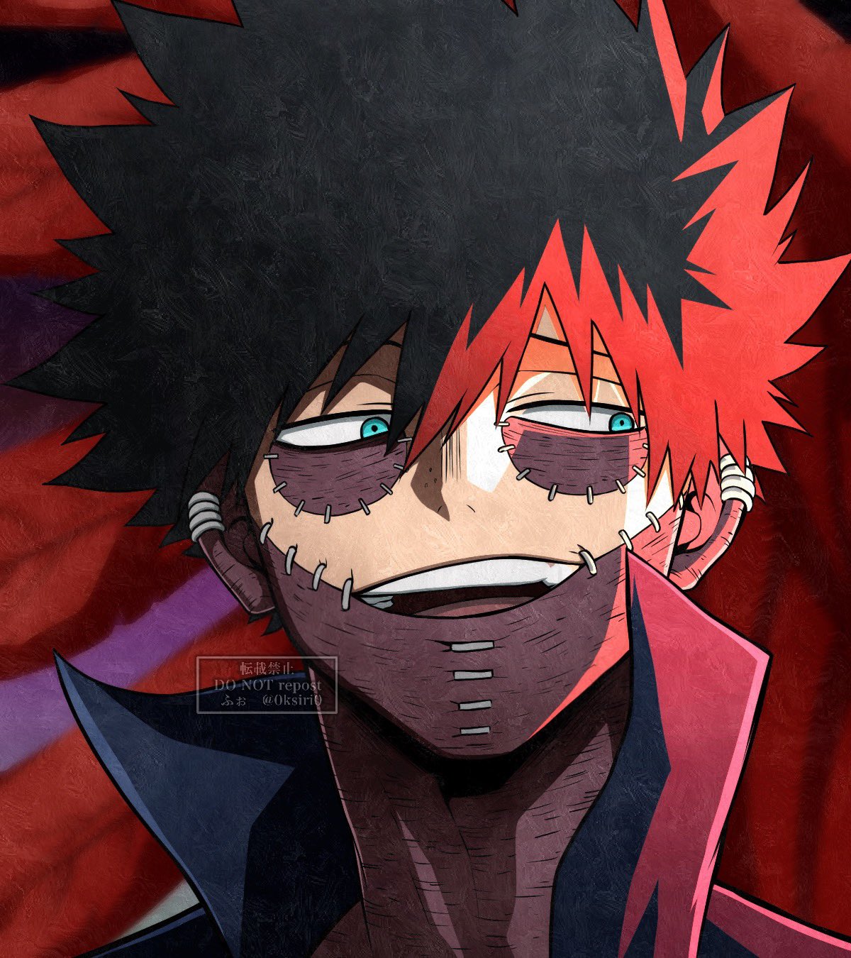 0ksiri0, 1boy, black_hair, blue_eyes, boku_no_hero_academia, dabi_(boku_no_hero_academia), earrings, face_piercing