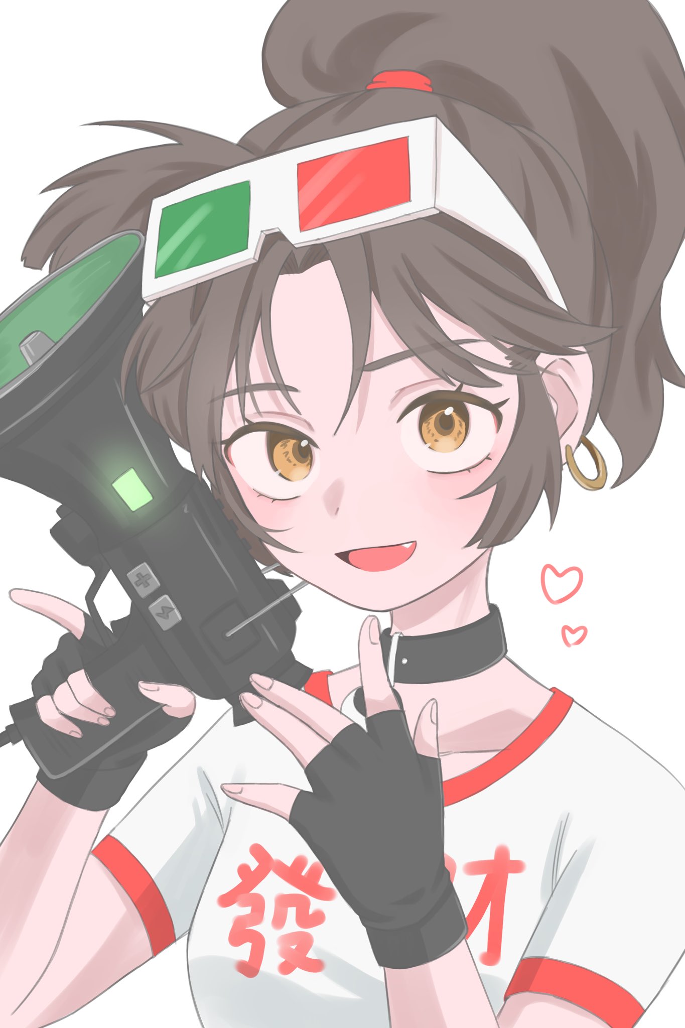 1girl, 3d_glasses, :d, an-an_lee, black_choker, black_gloves, black_hair, choker, choko_(1839), clothes_writing, earrings, eyewear_on_head, fang, fingerless_gloves, gloves, hands_up, heart, highres, holding, holding_microphone, hoop_earrings, jewelry, looking_at_viewer, medium_hair, microphone, open_mouth, ponytail, reverse:1999, shirt, short_sleeves, smile, solo, upper_body, white_background, white_shirt, yellow_eyes