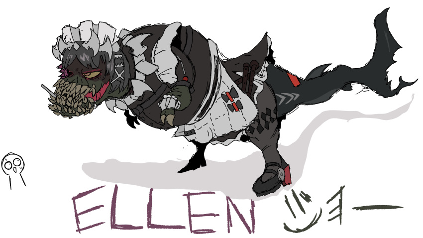 1other, absurdres, alternate_costume, animal, clothed_animal, cosplay, deviljho, dress, ellen_joe, ellen_joe_(cosplay), enmaided, highres, hinata_(sangeki0822), maid, maid_headdress, monster_hunter_(series), name_connection, nervous_sweating, pantyhose, partially_shaded_face, standing, sweat, wide-eyed, zenless_zone_zero