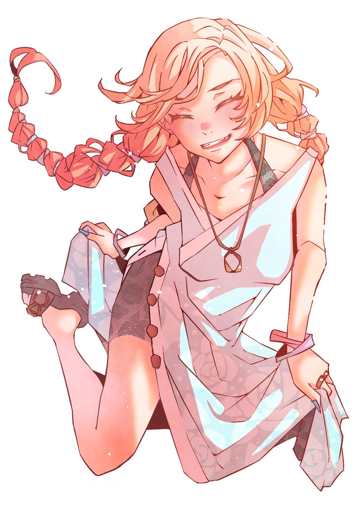 1girl, ^_^, applying_manicure, bike_shorts, black_sandals, black_shorts, blue_dress, bra_strap