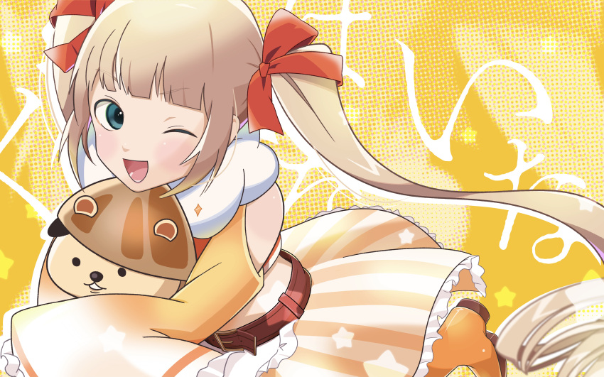 1girl, absurdres, blue_eyes, brown_hair, copyright_request, highres, kuhana_ina, long_hair, midriff_peek, one_eye_closed, open_mouth, orange_shoes, red_ribbon, ribbon, rnornopoo, shoes, sleeves_past_fingers, sleeves_past_wrists, solo, sparkle, stuffed_animal, stuffed_dog, stuffed_toy, twintails, very_long_hair