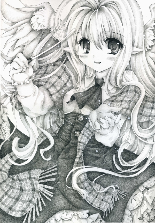 baton_(instrument), blush, buttons, dress, hands, lace, long_hair, looking_at_viewer