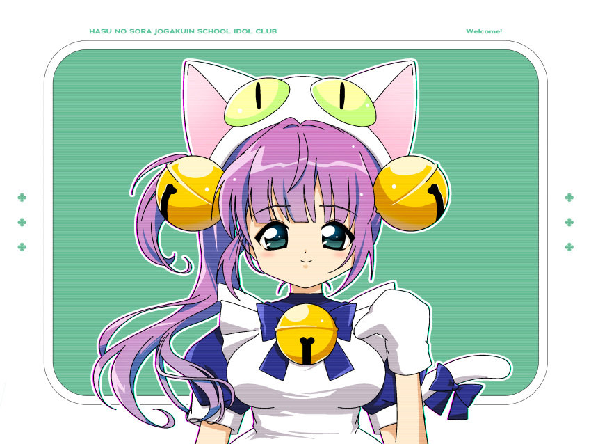 1girl, animal_hat, apron, bell, blue_dress, breasts, cat_hat, cat_tail, closed_mouth, copyright_name, cosplay, dejiko, dejiko_(cosplay), di_gi_charat, dress, faux_retro_artstyle, green_eyes, hair_between_eyes, hat, highres, jingle_bell, large_breasts, link!_like!_love_live!, long_hair, love_live!, neck_bell, otomune_kozue, ponytail, puffy_short_sleeves, puffy_sleeves, purple_hair, rnornopoo, short_sleeves, solo, tail, white_apron