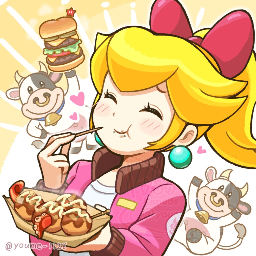 1girl, arm_up, blonde_hair, blush, bow, burger, cow, dot_nose, earrings, eating, food, hair_bow, hand_on_own_hip, hands_up, happy, heart, highres, holding, holding_food, jacket, jewelry, long_sleeves, looking_at_viewer, mario_kart, mario_kart_world, moo_moo_(mario), open_clothes, open_jacket, pink_bow, pink_jacket, ponytail, princess_peach, princess_peach_(touring), smile, solo, sphere_earrings, standing, super_mario_bros., suruga_kanade, takoyaki, twitter_username