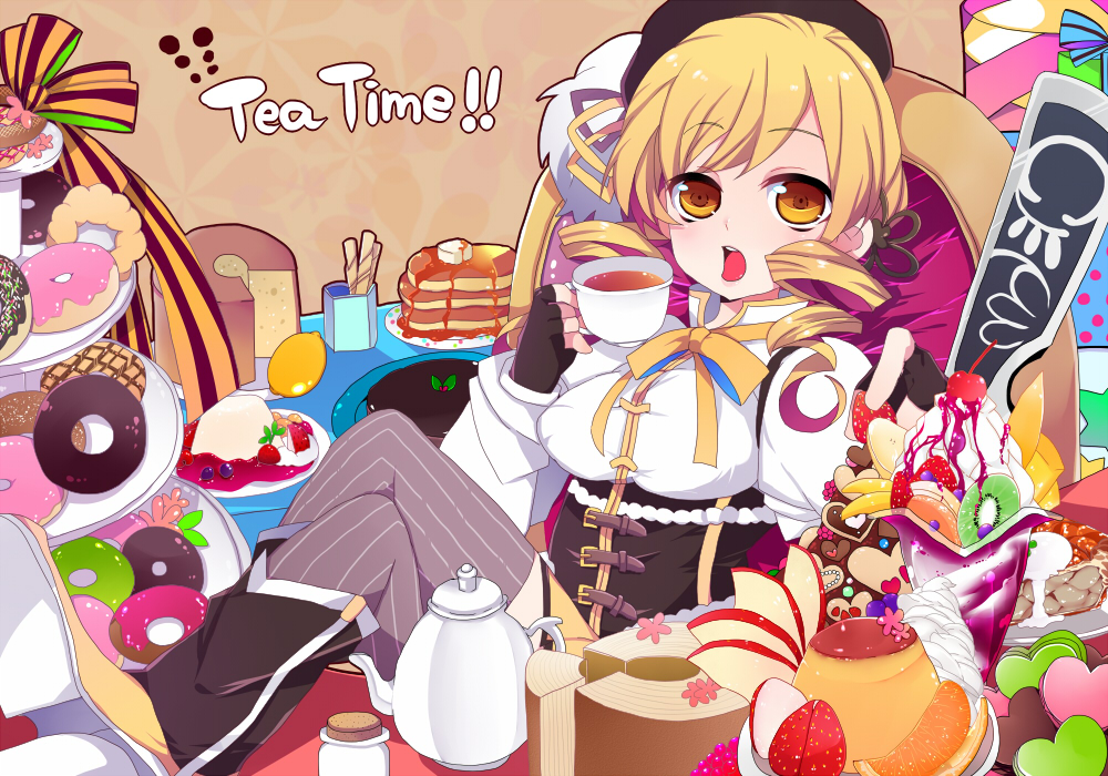 7tsume, apple, baumkuchen, beret, blonde_hair, boots, breasts, butter