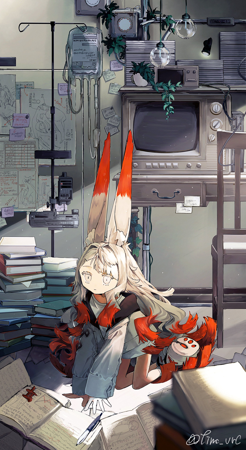 1girl, absurdres, all_fours, animal_ear_fluff, animal_ears, artist_name, blurry, blurry_foreground, book, book_stack, bookmark, cable, calendar_(object), chair, clock, colored_tips, computer, crab, creature, crt, full_body, gradient_hair, grey_hair, highres, indoors, intravenous_drip, jacket, lamp, light_bulb, long_hair, long_sleeves, looking_at_viewer, map, messy_room, microwave, miminoko_(vrchat), monitor, multicolored_hair, no_pupils, note, open_book, origami, paper, pen, photo_(object), picture_frame, plant, potted_plant, rabbit_ears, red_fur, red_hair, shirt, signature, sleeves_past_wrists, solo, sticky_note, tail, television, timc_vrc, twitter_username, two-tone_hair, very_long_hair, vrchat, white_eyes, white_hair, white_shirt, wide_sleeves