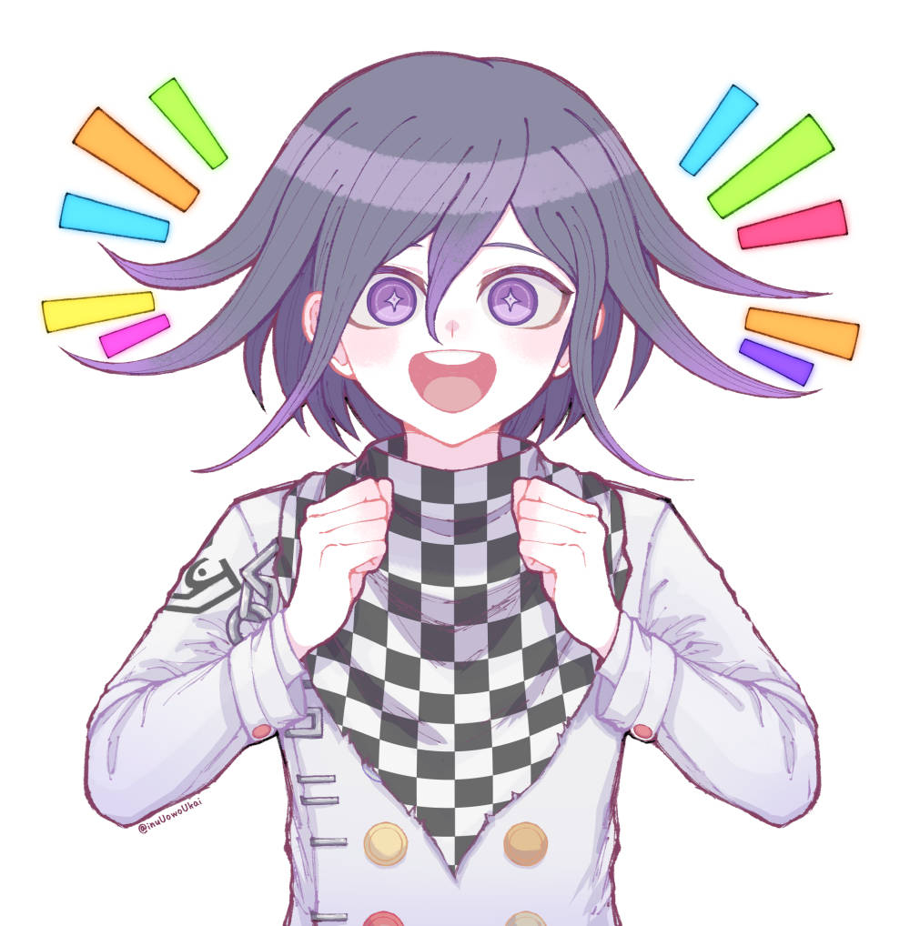 1boy, :d, black_hair, buttons, checkered_neckerchief, danganronpa_(series), danganronpa_v3:_killing_harmony, double-breasted