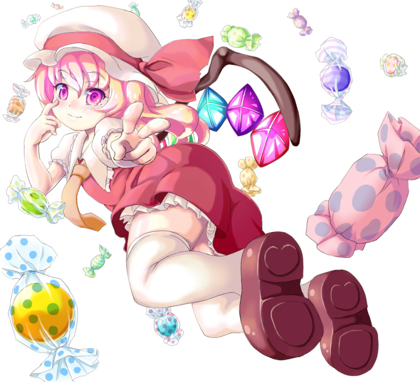blonde_hair, blush, candy, flandre_scarlet, hat, heart, red_eyes, ribbon