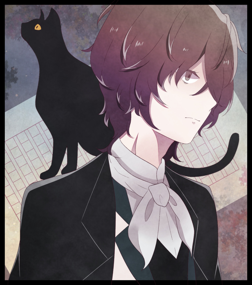 1boy, animal, black_border, black_cat, black_coat, border, brown_hair, bungou_stray_dogs