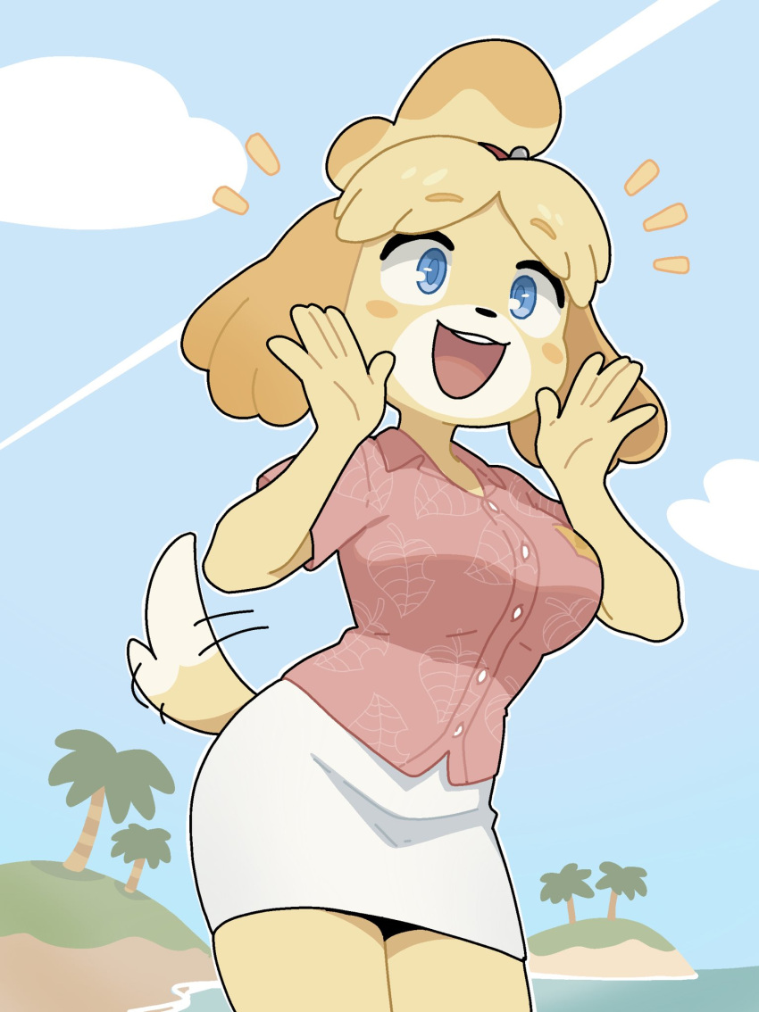 :d, animal_crossing, animal_crossing:_new_leaf, blonde_hair, blue_eyes, blue_sky, blush_stickers, breasts, clouds, collared_shirt, cowboy_shot, dog_girl, dog_tail, dress_shirt, fruithead, hands_up, highres, isabelle_(animal_crossing), island, legs_together, medium_breasts, miniskirt, outline, pencil_skirt, pink_shirt, print_shirt, shirt, short_sleeves, skirt, sky, smile, standing, tail, tail_wagging, teeth, topknot, upper_teeth_only, water, white_outline, white_skirt