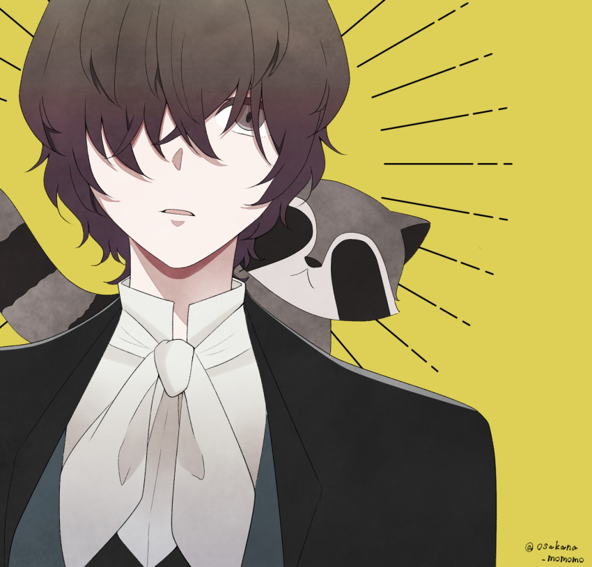 1boy, animal, brown_hair, bungou_stray_dogs, collared_shirt, edgar_allan_poe_(bungou_stray_dogs), grey_eyes, hair_over_one_eye