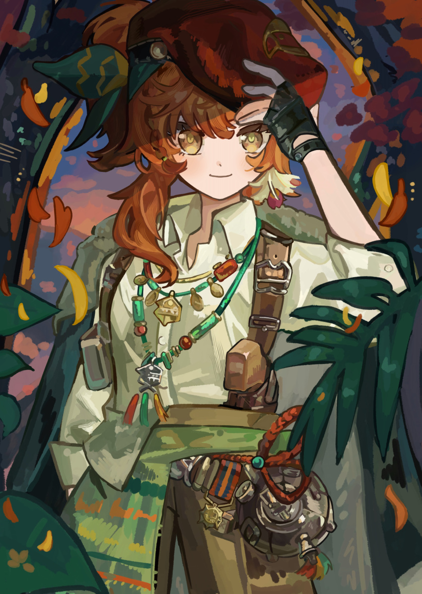 1girl, absurdres, beret, black_gloves, brown_shorts, closed_mouth, collared_shirt, cowboy_shot