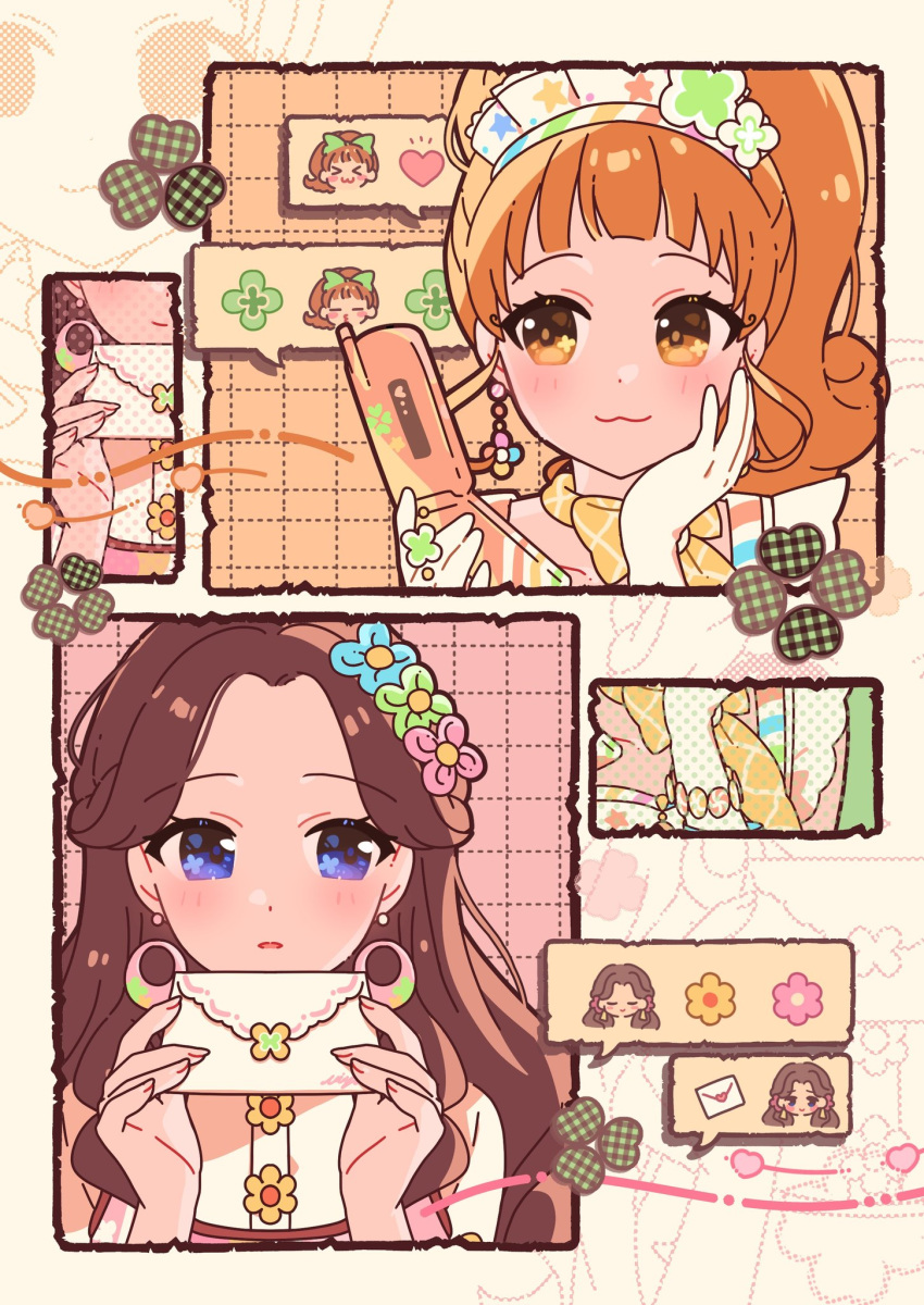 :3, aikatsu!, aikatsu!_(series), blue_eyes, blush, brown_hair, cellphone, dot_nose