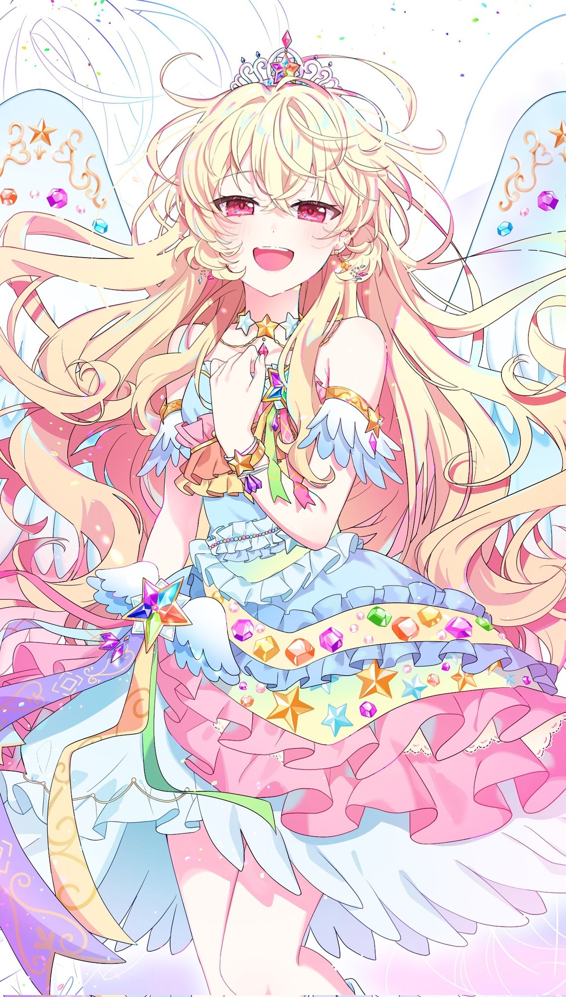 1girl, :d, aikatsu!, aikatsu!_(series), arm_at_side, bare_shoulders, blonde_hair, commentary_request