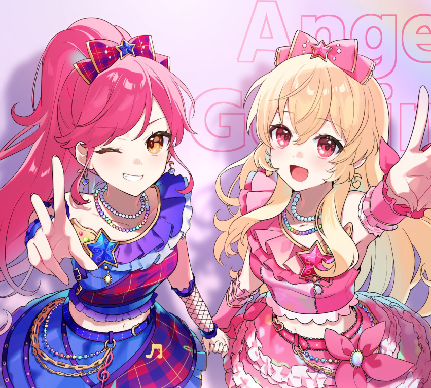 :d, aikatsu!, aikatsu!_(series), arm_up, blonde_hair, blue_shirt, blue_skirt, bow