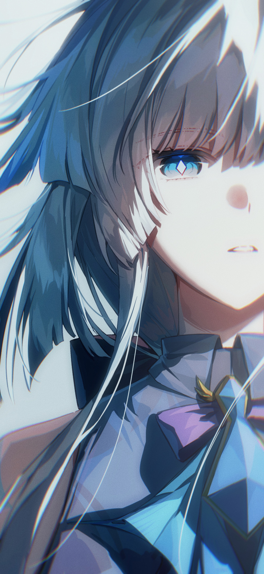 1girl, absurdres, blue_eyes, bright_pupils, brooch, cerydra_(honkai:_star_rail), grey_hair, highres, honkai:_star_rail, honkai_(series), jewelry, long_hair, looking_at_viewer, parted_lips, portrait, solo, white_pupils, xingyuan611