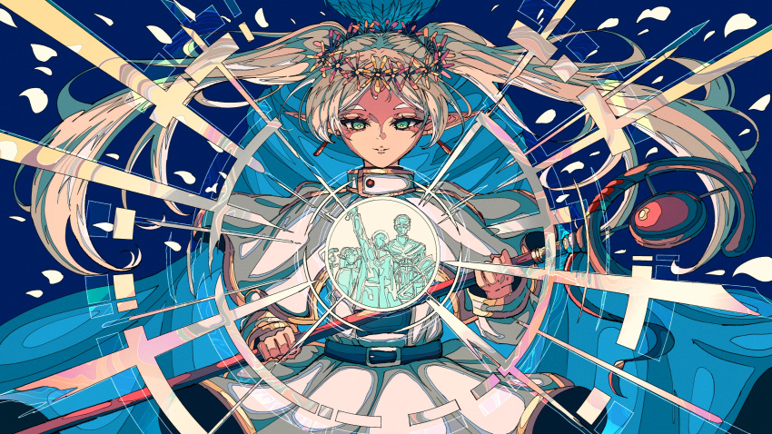 1girl, 3boys, absurdres, artdroiiid_ii, belt, belt_buckle, blue_background, buckle