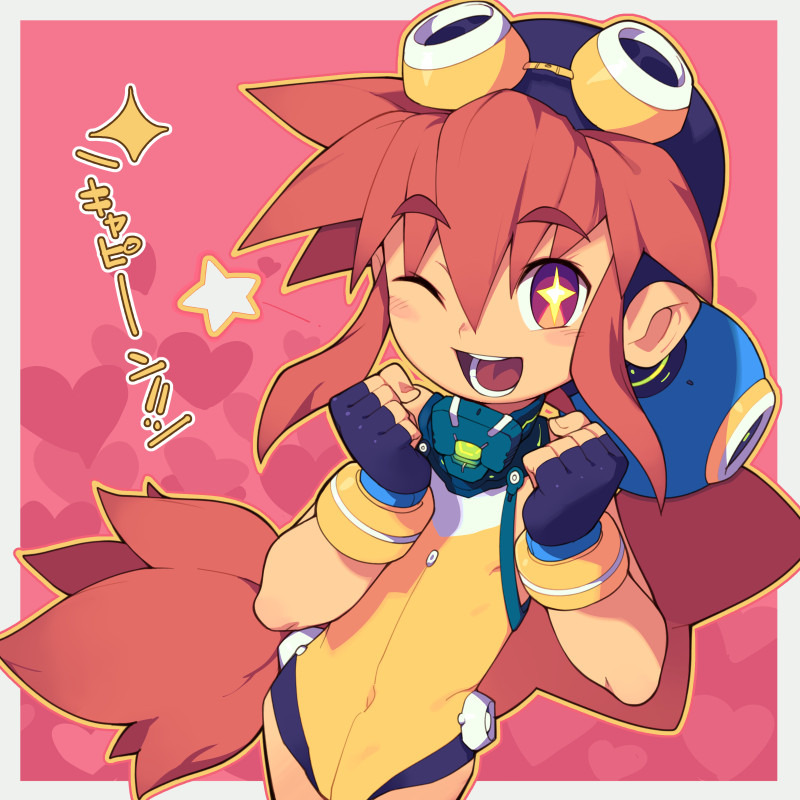 +_+, 1girl, ;d, blue_gloves, blue_hat, border, bracelet, clenched_hands
