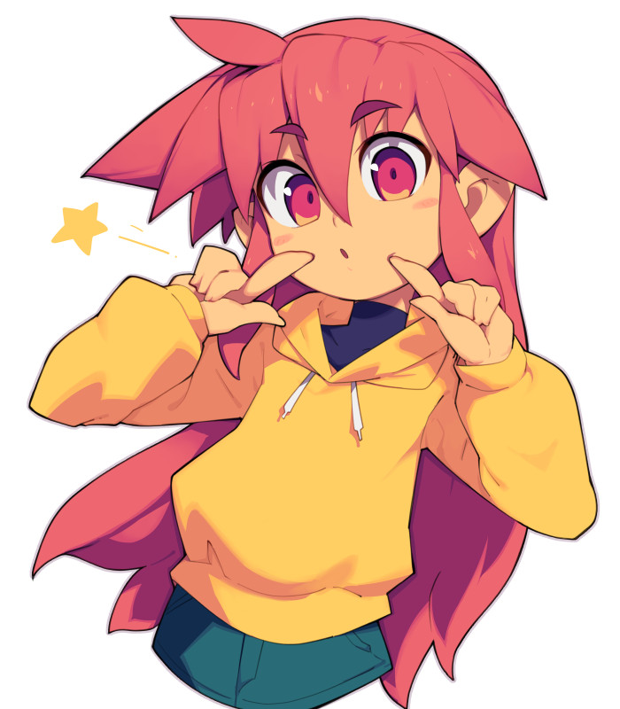 1girl, :o, ahoge, blue_shirt, blue_skirt, blush_stickers, cheek_poking, commentary_request
