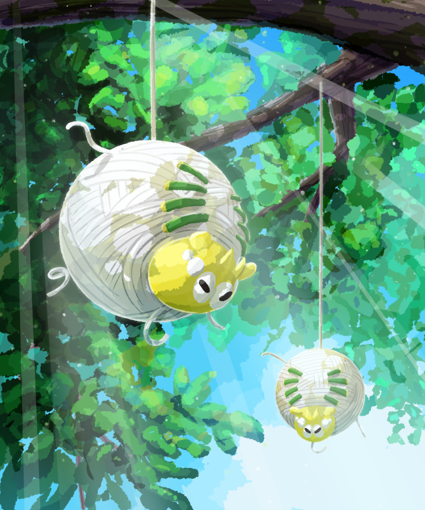 animal_focus, bug, full_body, highres, in_tree, leaf, no_humans, outdoors, pokemon, pokemon_(creature), pokemon_focus, silk, sunlight, tarountula, tree, upside-down, zousui_(zousuioishii)