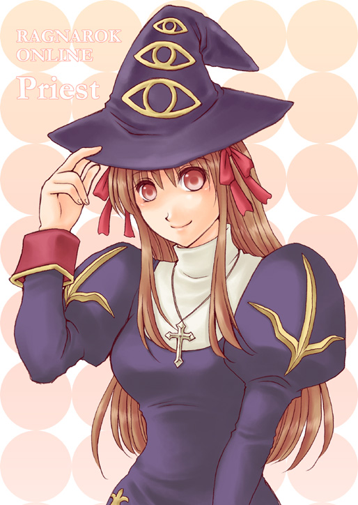 1girl, black_thighhighs, bow, breasts, brown_eyes, brown_hair, character_name, closed_mouth
