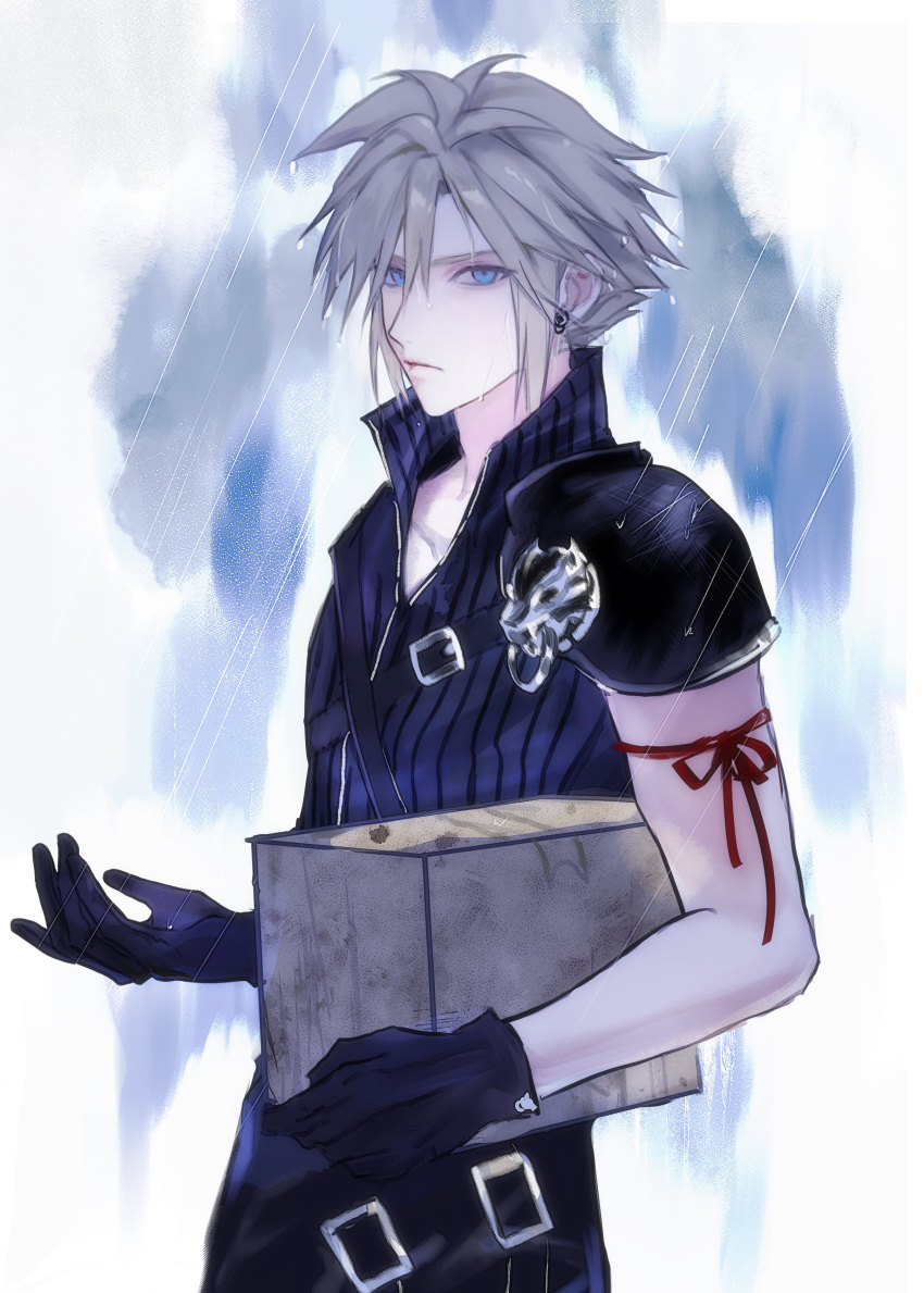 1boy, 3_3lecho, absurdres, arm_ribbon, armor, black_gloves, blonde_hair, blue_eyes, box, cardboard_box, closed_mouth, cloud_strife, earrings, final_fantasy, final_fantasy_vii, final_fantasy_vii_advent_children, gloves, highres, holding, holding_box, jewelry, male_focus, pauldrons, rain, ribbon, shoulder_armor, single_earring, single_pauldron, spiky_hair, standing, waist_cape, wet, wet_hair