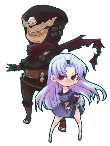 1boy, 1girl, armor, blue_hair, chibi, commentary_request, full_body, gekkou_(rance)