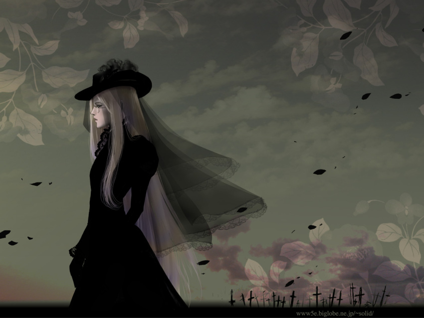 1girl, blonde_hair, clouds, cross, dress, frills, glasses, hat, hellsing, integra_hellsing, integra_wingates_hellsing, lace, long_hair, profile, solo