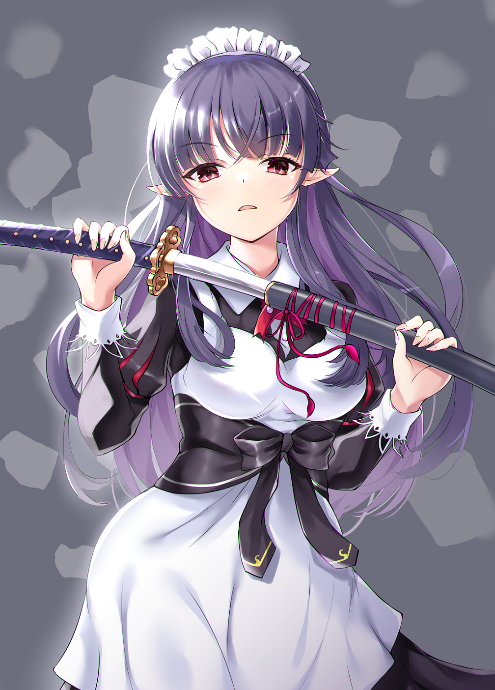 1girl, angry, apron, beatrice_(iris_mysteria!), black_hair, black_ribbon, breasts, highres, holding, holding_weapon, iris_mysteria!, katana, long_hair, maid, maid_apron, maid_headdress, ncontrail_(mgax7527), pointy_ears, red_eyes, ribbon, standing, sword, weapon