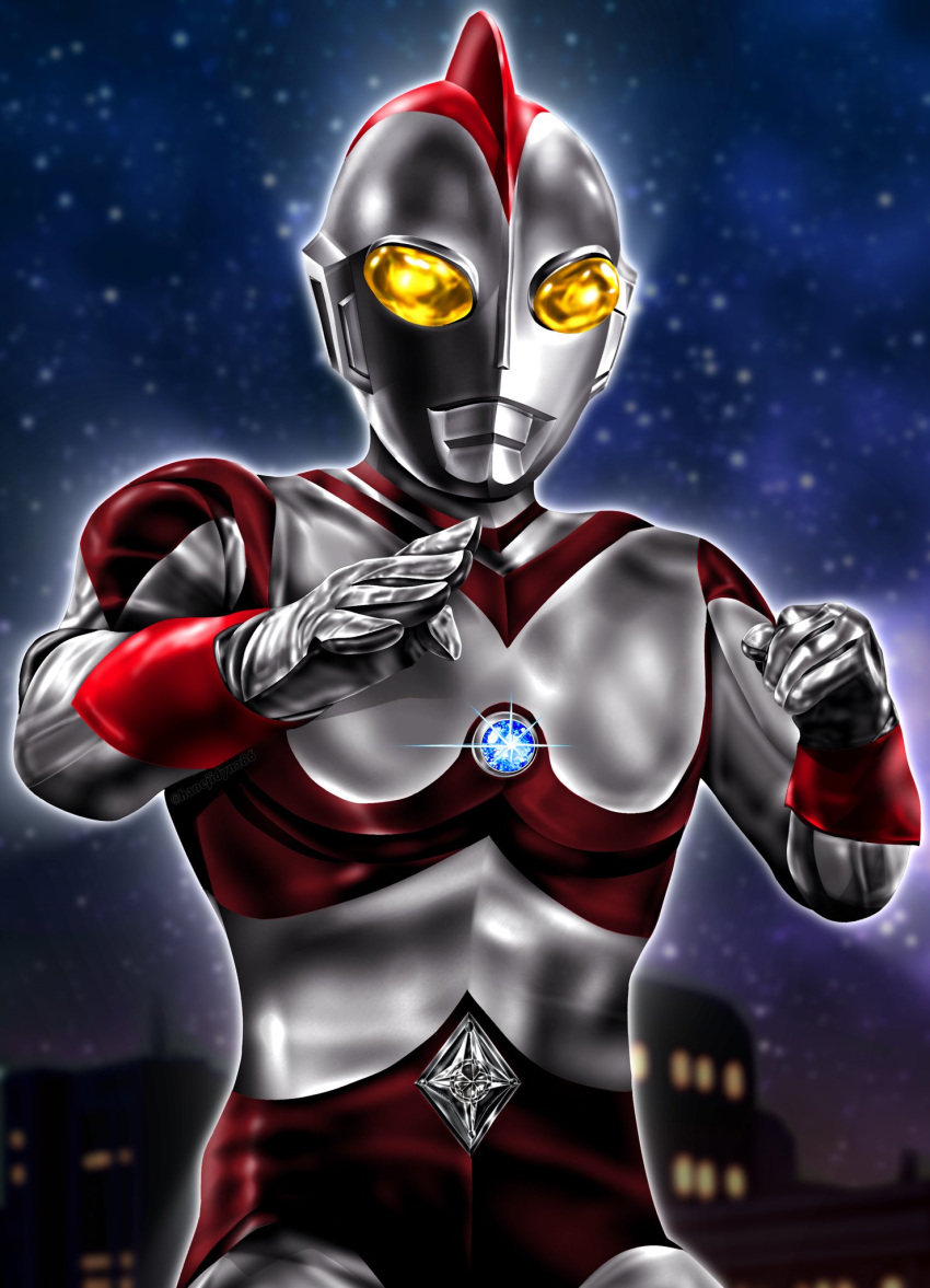 1boy, alien, arm_guards, blue_sky, blurry, blurry_background, buckle, building, city, city_lights, cityscape, clenched_hand, color_timer, colored_skin, commentary, compound_eyes, crystal, diamond-shaped_buckle, diamond_(shape), dorsal_fin, fighting_stance, gleam, glowing, glowing_eyes, gradient_sky, hands_up, hanejidyna86, highres, looking_ahead, male_focus, multicolored_skin, night, night_sky, outdoors, pectorals, red_skin, silver_skin, sky, solo, standing, star_(sky), starry_sky, tokusatsu, toned, toned_male, two-tone_skin, ultra_series, ultraman_80, ultraman_80_(series), upper_body, wrinkled_skin, yellow_eyes