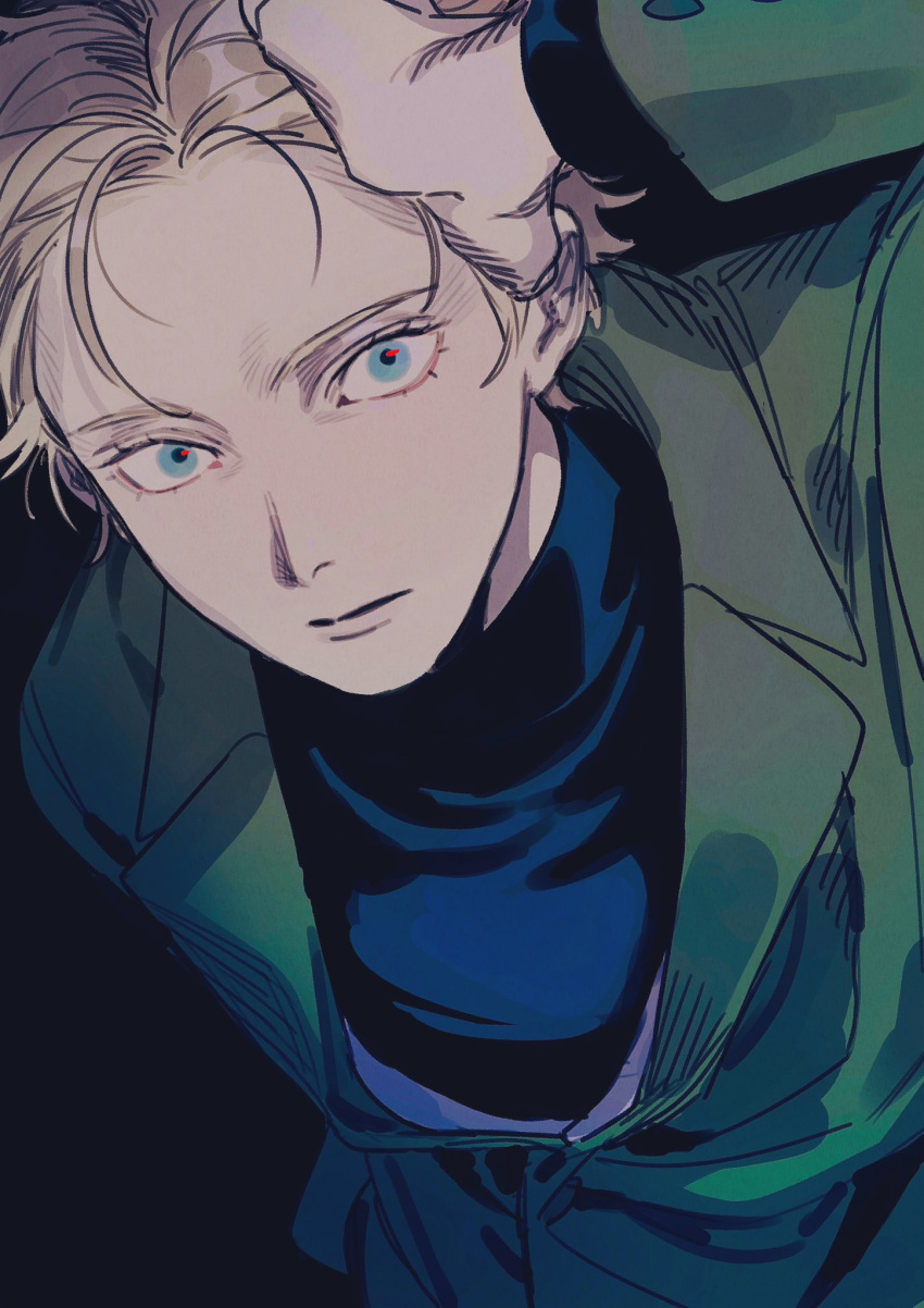 1boy, black_background, black_shirt, blonde_hair, blue_eyes, char_aznable, green_jacket, gundam