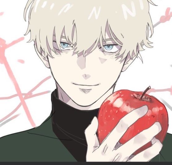 1boy, apple, black_shirt, blonde_hair, blue_eyes, char_aznable, food, fruit