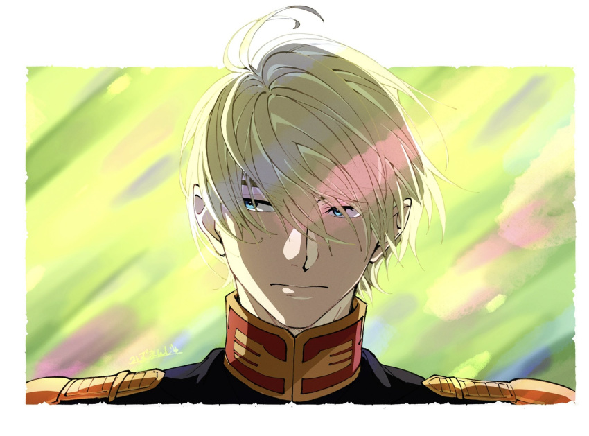 1boy, blonde_hair, blue_eyes, border, char_aznable, epaulettes, floating_hair, gundam