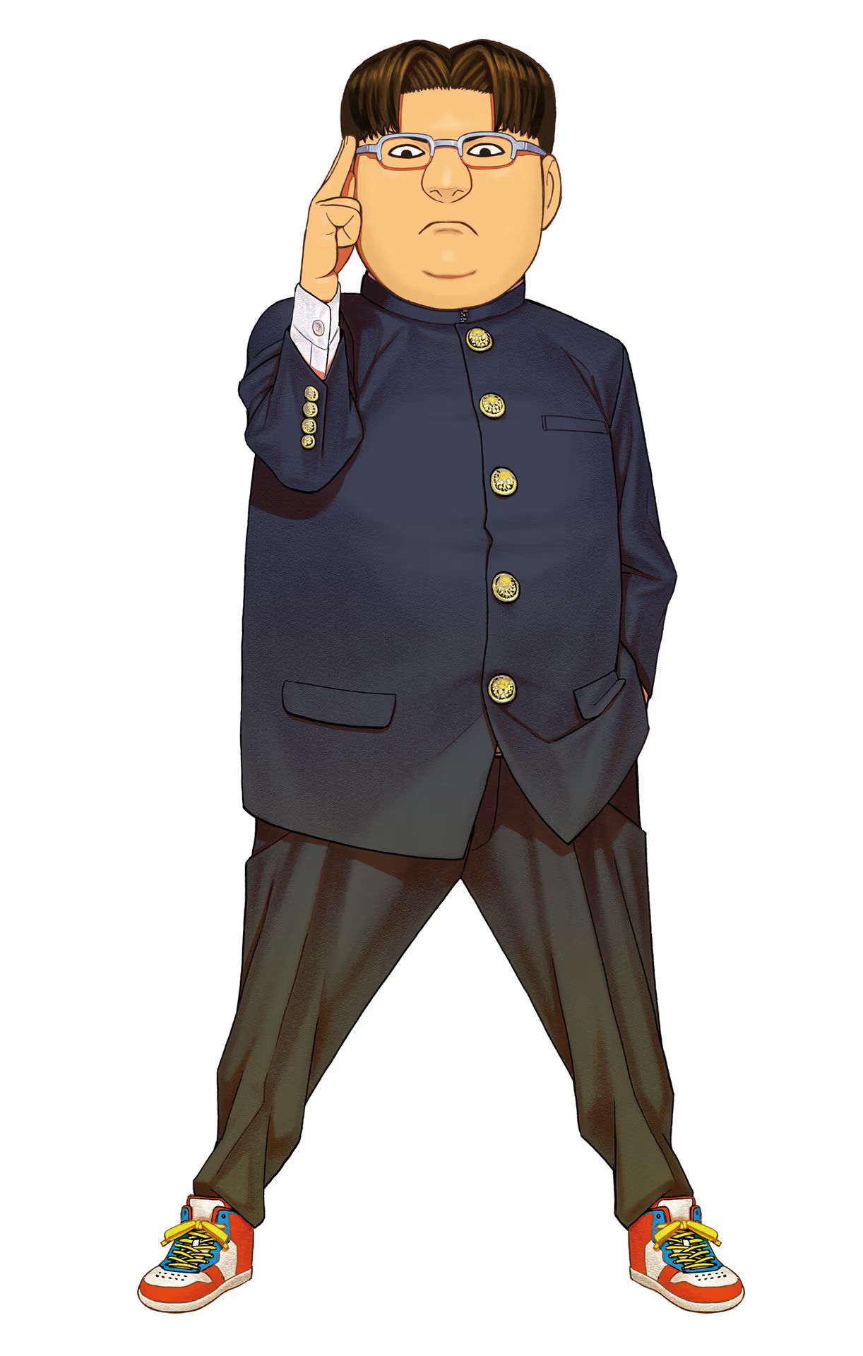 1boy, black_eyes, brown_hair, dandadan, fat, frown, full_body, gakuran