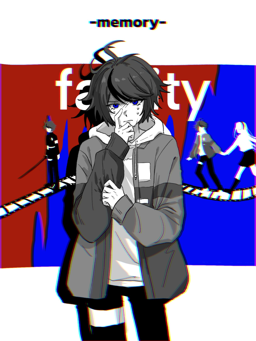 1girl, ahoge, blue_background, chinese_commentary, chromatic_aberration, crying, crying_with_eyes_open, drawstring
