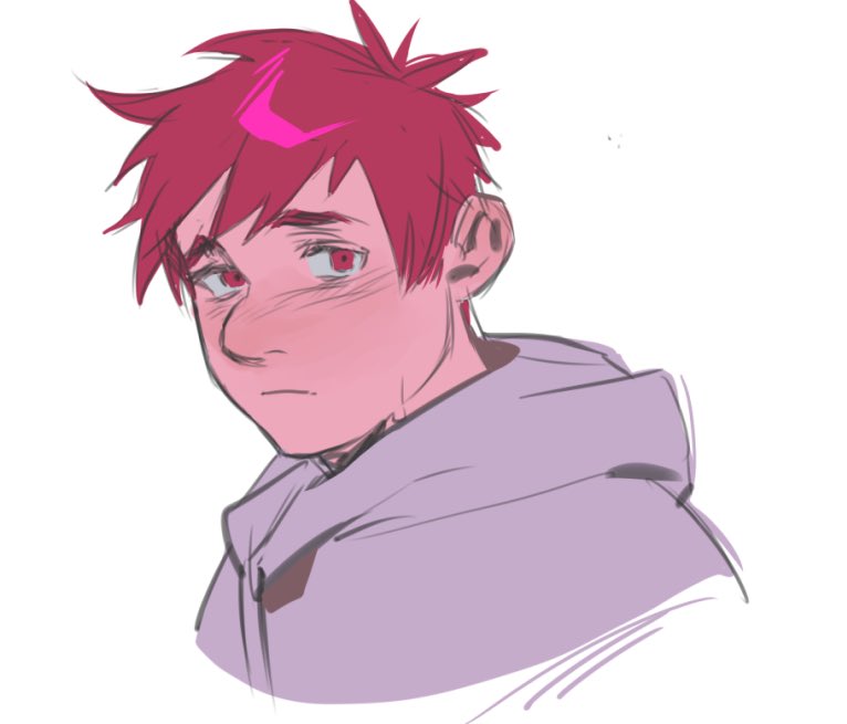 1boy, closed_mouth, colored_skin, embarrassment_(inside_out), english_commentary, hood, hoodie, inside_out