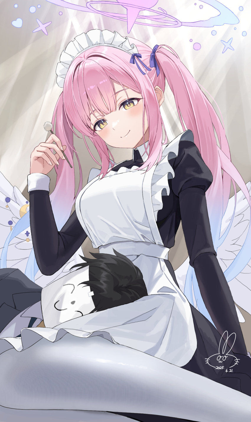 1boy, 1girl, alternate_costume, alternate_hairstyle, apron, awa_(awao141), black_dress, black_hair