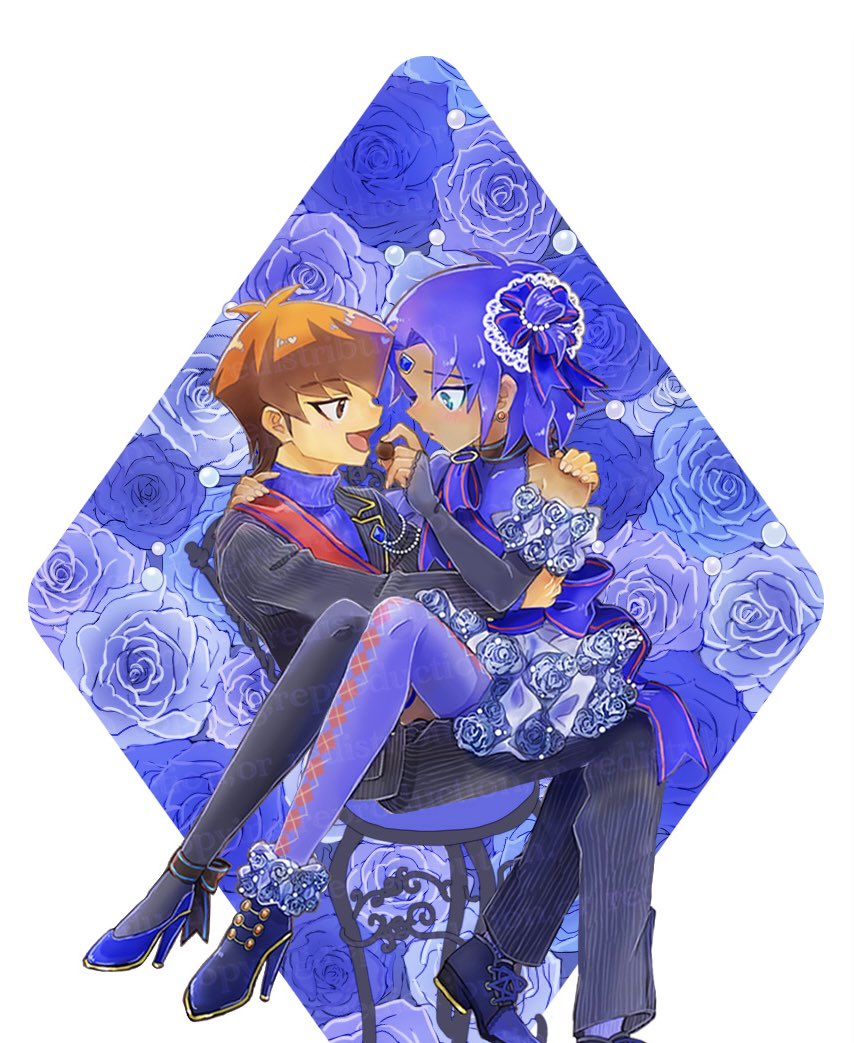 1boy, 1other, black_jacket, black_thighhighs, brown_eyes, brown_hair, forehead_jewel, jacket