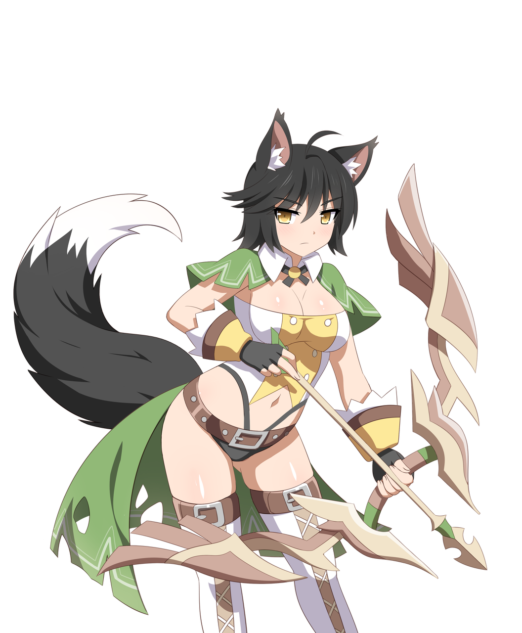 ahoge, animal_ears, black_panties, bow_(weapon), cape, fingerless_gloves, fox_archer_(sakura_dungeon), fox_ears