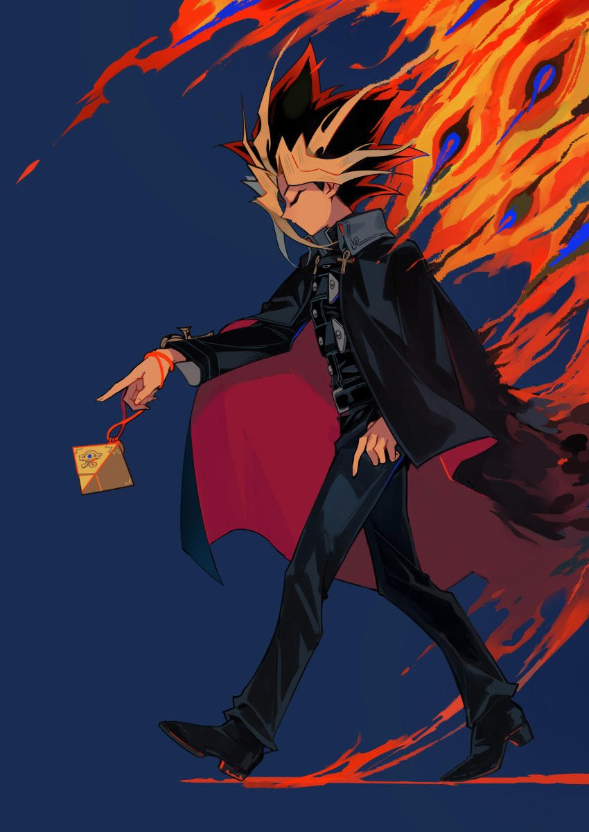 1boy, absurdres, black_coat, black_hair, black_pants, blonde_hair, blue_background, closed_eyes