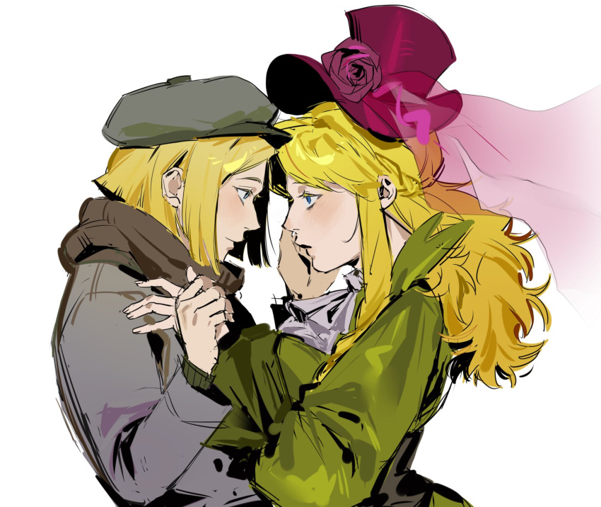 1boy, 1girl, ascot, beret, black_corset, black_scarf, blonde_hair, blue_eyes, blunt_ends, blush, closed_mouth, corset, dress, estella_havisham, fingernails, floating_clothes, floating_veil, flower, green_dress, grey_hat, hand_on_another's_face, hands_up, hat, hat_flower, hat_ornament, hetero, highres, holding_another's_wrist, kugai697139, lips, long_hair, long_sleeves, looking_at_another, phillip_pirrup, pink_hat, pink_veil, puffy_long_sleeves, puffy_sleeves, purple_flower, purple_rose, rose, scarf, see-through_clothes, see-through_veil, short_hair, simple_background, single_sidelock, smile, south_park, top_hat, upper_body, veil, visor_cap, wavy_hair, white_ascot, white_background
