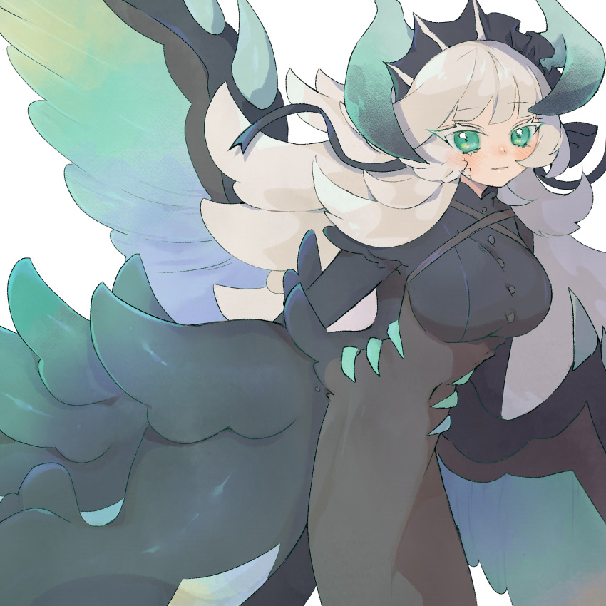 1girl, apron, black_apron, blush, breasts, chamber_dragonmaid, closed_mouth, clothing_transformation, covered_navel, dragon, dragon_girl, dragon_tail, dragon_wings, dragonmaid_stern, duel_monster, feathered_wings, green_eyes, highres, kokodari, large_breasts, long_hair, maid, maid_headdress, simple_background, smile, tail, transformation, white_background, white_hair, wings, yu-gi-oh!