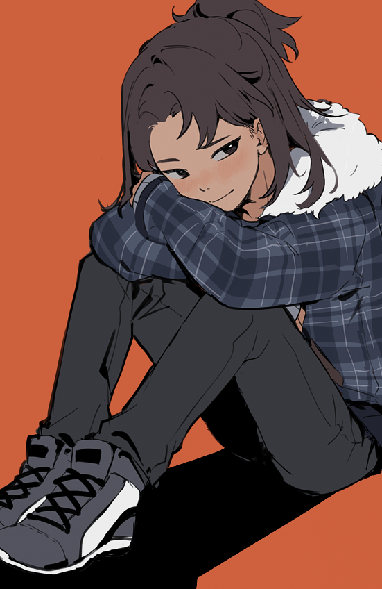 1girl, black_eyes, brown_hair, coat, elbows_on_knees, full_body, fur_collar, hair_bun, on_ground, orange_background, our_life:_now_and_forever, plaid_clothes, plaid_coat, qiu_lin_(our_life), ryuuieu, shoes, sitting, smile, sneakers, solo, sparkle, winter_clothes, winter_coat