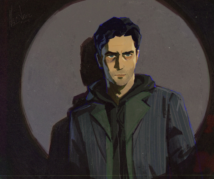 1boy, :|, alan_wake, alan_wake_(game), bags_under_eyes, beard_stubble, black_hair, black_shirt, blue_eyes, blue_outline, closed_mouth, determined, drop_shadow, facial_hair, grey_jacket, highres, jacket, looking_at_viewer, neo_jpeg, outline, shirt, solo, sparkling_eyes, spotlight, striped_clothes, stubble, upper_body