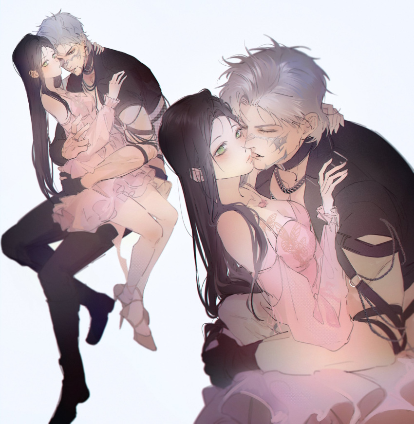1boy, 1girl, blush, brown_hair, chain, chain_necklace, closed_mouth, couple