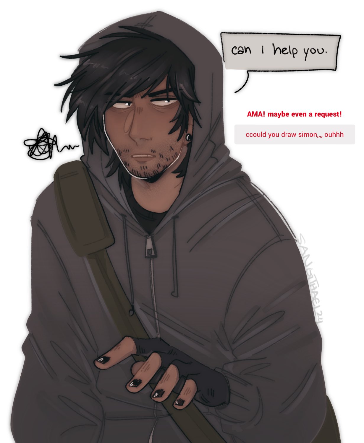 1boy, bag, beard_stubble, black_hair, black_shirt, constricted_pupils, cry_of_fear, dark-skinned_male, dark_skin, dialogue_box, earrings, english_text, facial_hair, grey_hoodie, grumpy, highres, hood, hood_up, hoodie, jewelry, male_focus, open_mouth, reaching, reaching_towards_viewer, request_inset, sangthael, shirt, short_hair, shoulder_bag, simon_henriksson, solo, stubble, stud_earrings, swept_bangs, upper_body