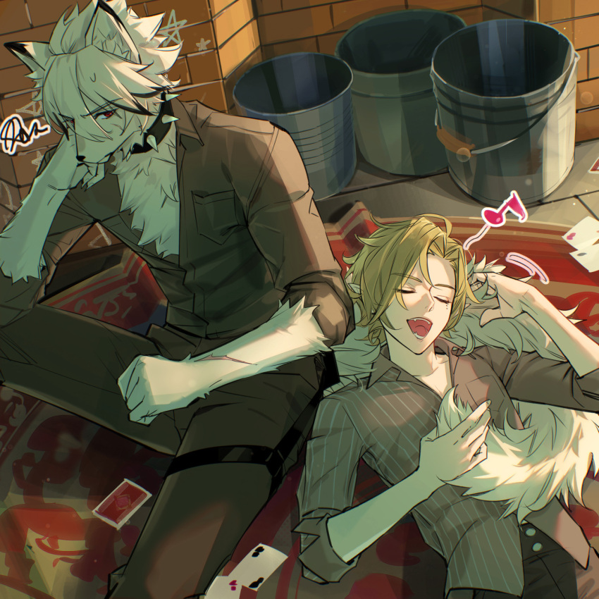 2boys, aged_down, animal_ears, blonde_hair, body_fur, brick_wall, bucket, card