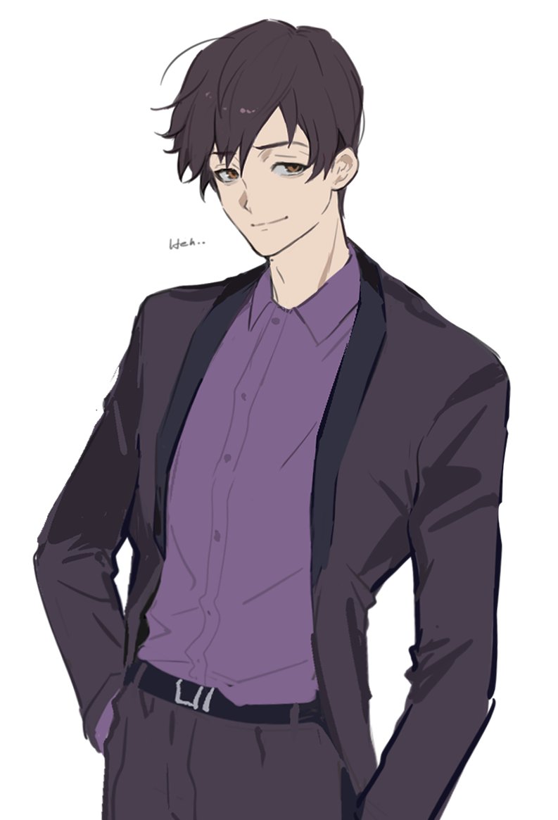 1boy, bags_under_eyes, baxter_ward, belt, brown_eyes, coat, collared_shirt, hands_in_pockets, looking_at_viewer, male_focus, our_life:_beginnings_and_always, purple_coat, purple_hair, purple_shirt, shirt, short_hair, smile, solo, swept_bangs, upper_body, white_background, xrsjbz