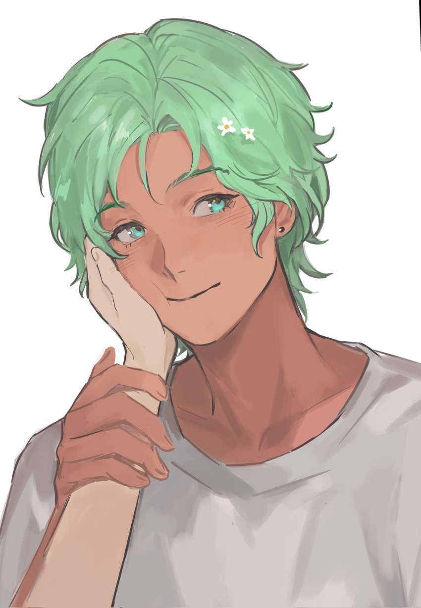 1boy, cove_holden, flower, green_eyes, green_hair, hair_flower, hair_ornament, hand_on_another's_cheek